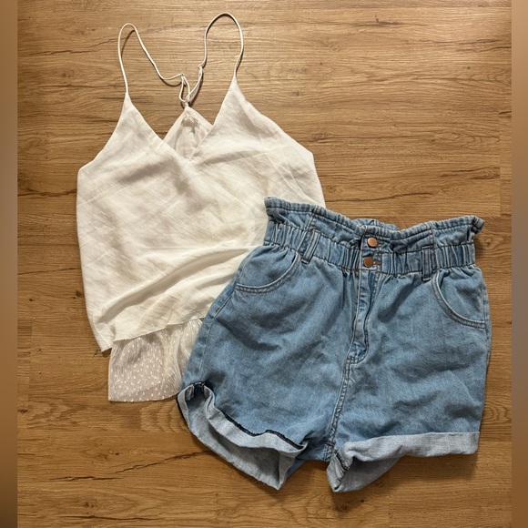 Free People tank top and Seethrusoul paper bag denim shorts - Picture 1 of 6